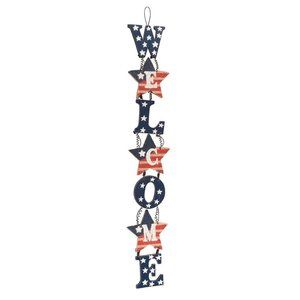 WELCOME Patriotic Door Hanger Wood Letters Star Americana Burlap Holiday NEW